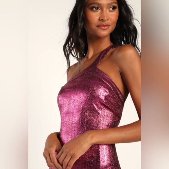 NWT‎ Lulus Dancefloor Bombshell Metallic Pink One-Shoulder Mini Dress Size M & L - Picture 3 of 14